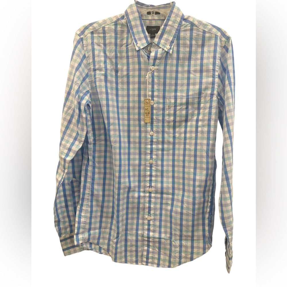 J.CREW Button Down Shirt Mens Slim Blue Plaid Cotton Long Sleeve size S NWT